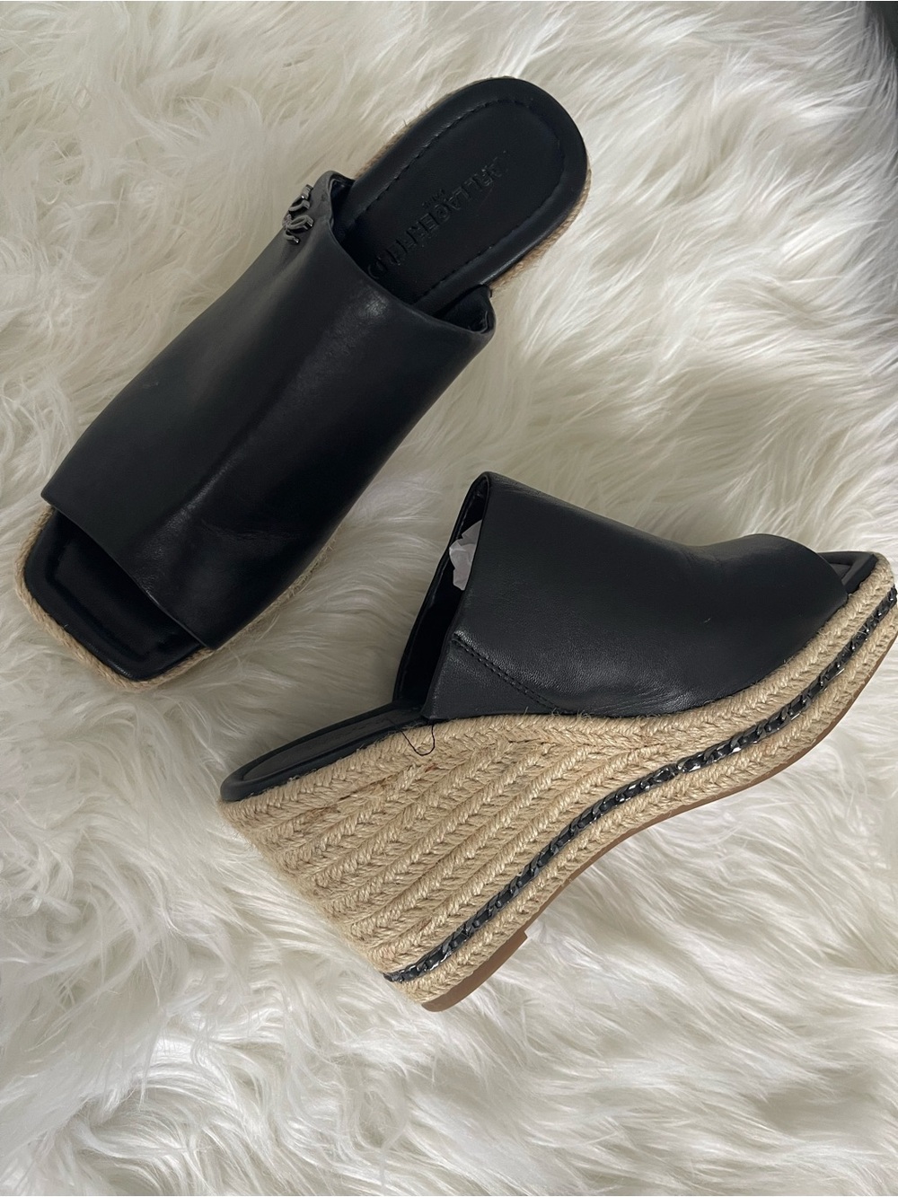 Karl Lagerfeld Black Leather Espadrille Wedge Slides